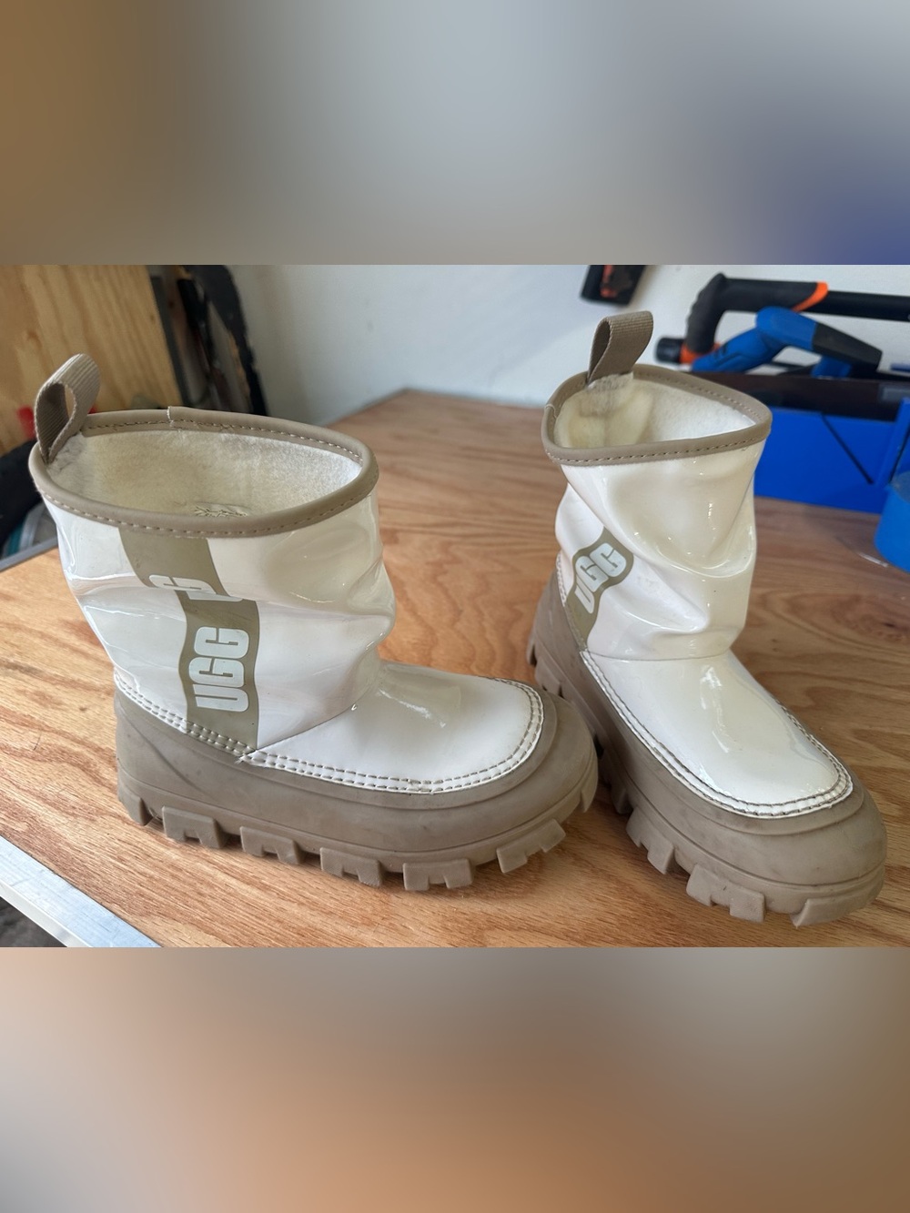 UGG Cream Patent Chunky Sole Rain Boots with Tan Platform